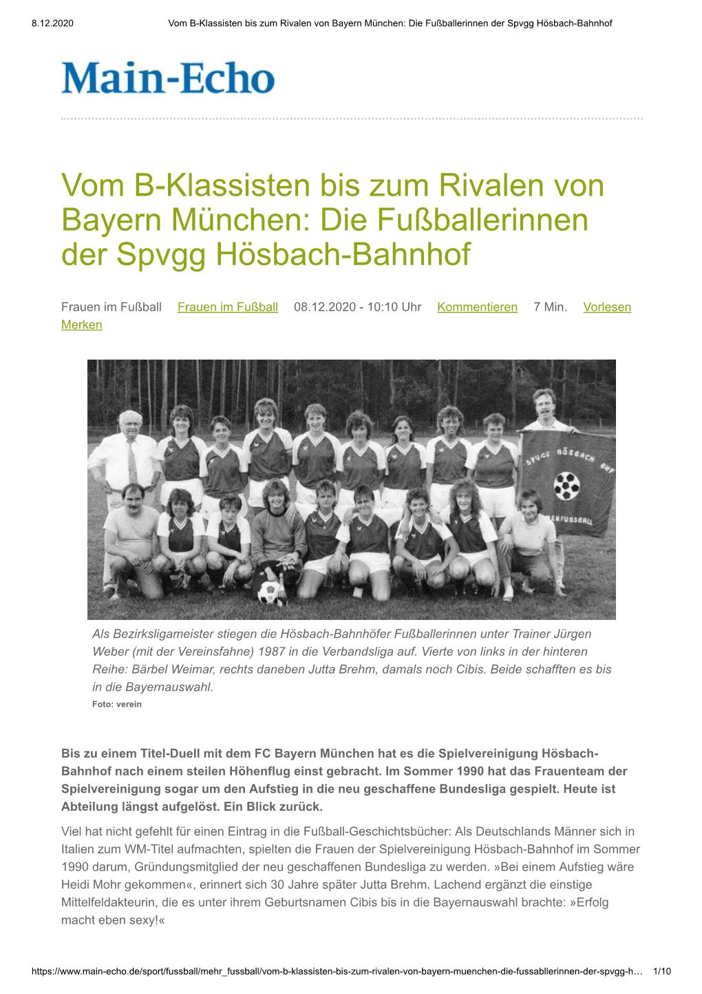 Vom B-Klassisten Bis Zum Rivalen Von Bayern München: Die Fußballerinnen Der Spvgg Hösbach-Bahnhof ___