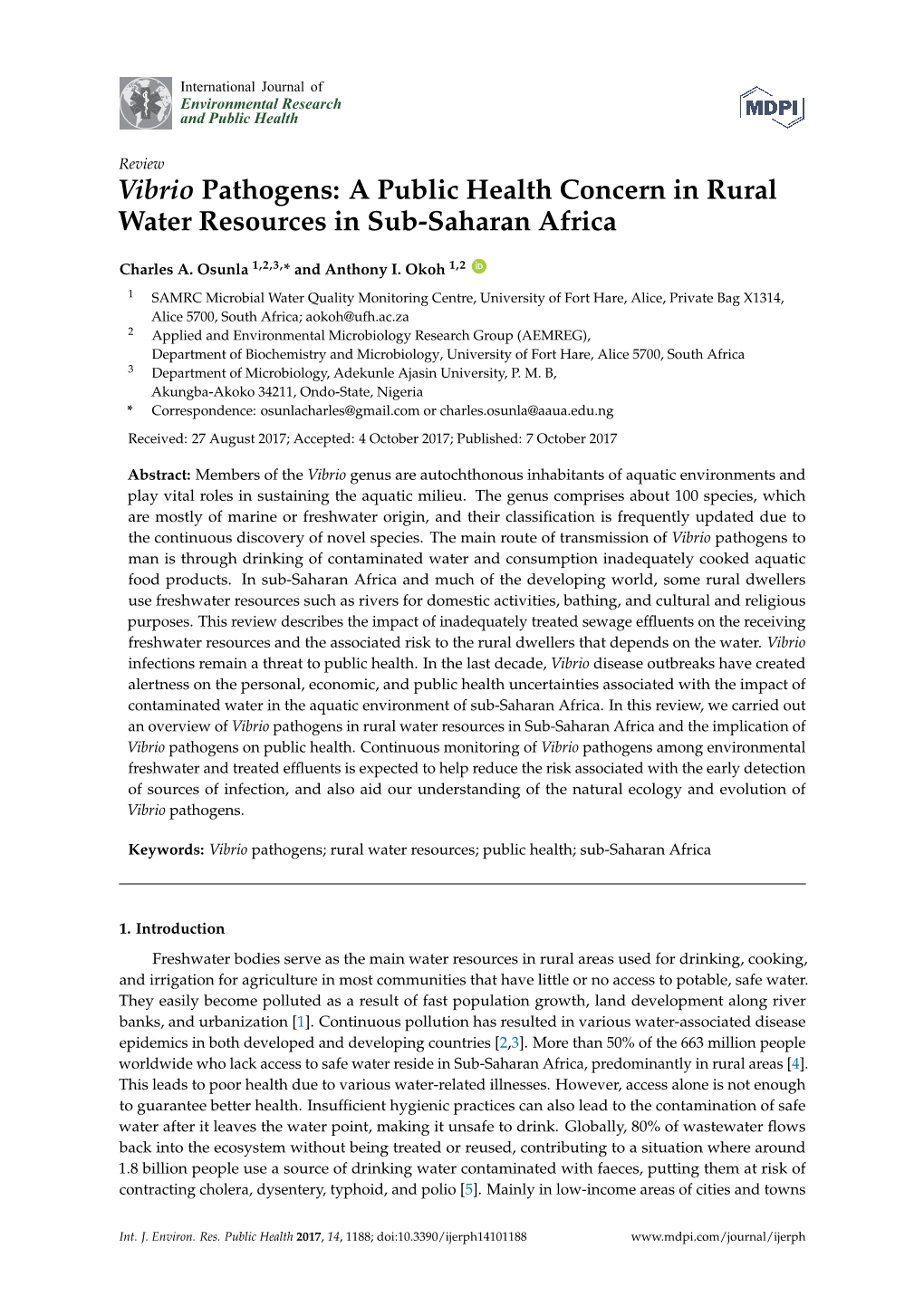 Vibrio Pathogens: a Public Health Concern in Rural Water Resources in Sub-Saharan Africa