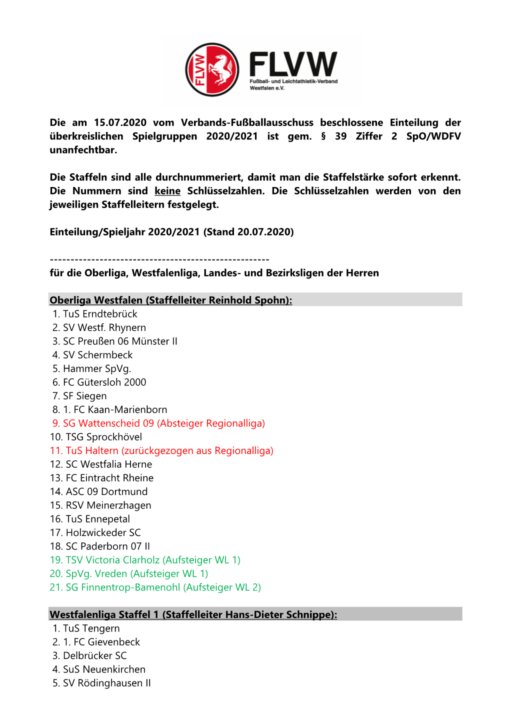 Die Am 15.07.2020 Vom Verbands-Fußballausschuss Beschlossene Einteilung Der Überkreislichen Spielgruppen 2020/2021 Ist Gem