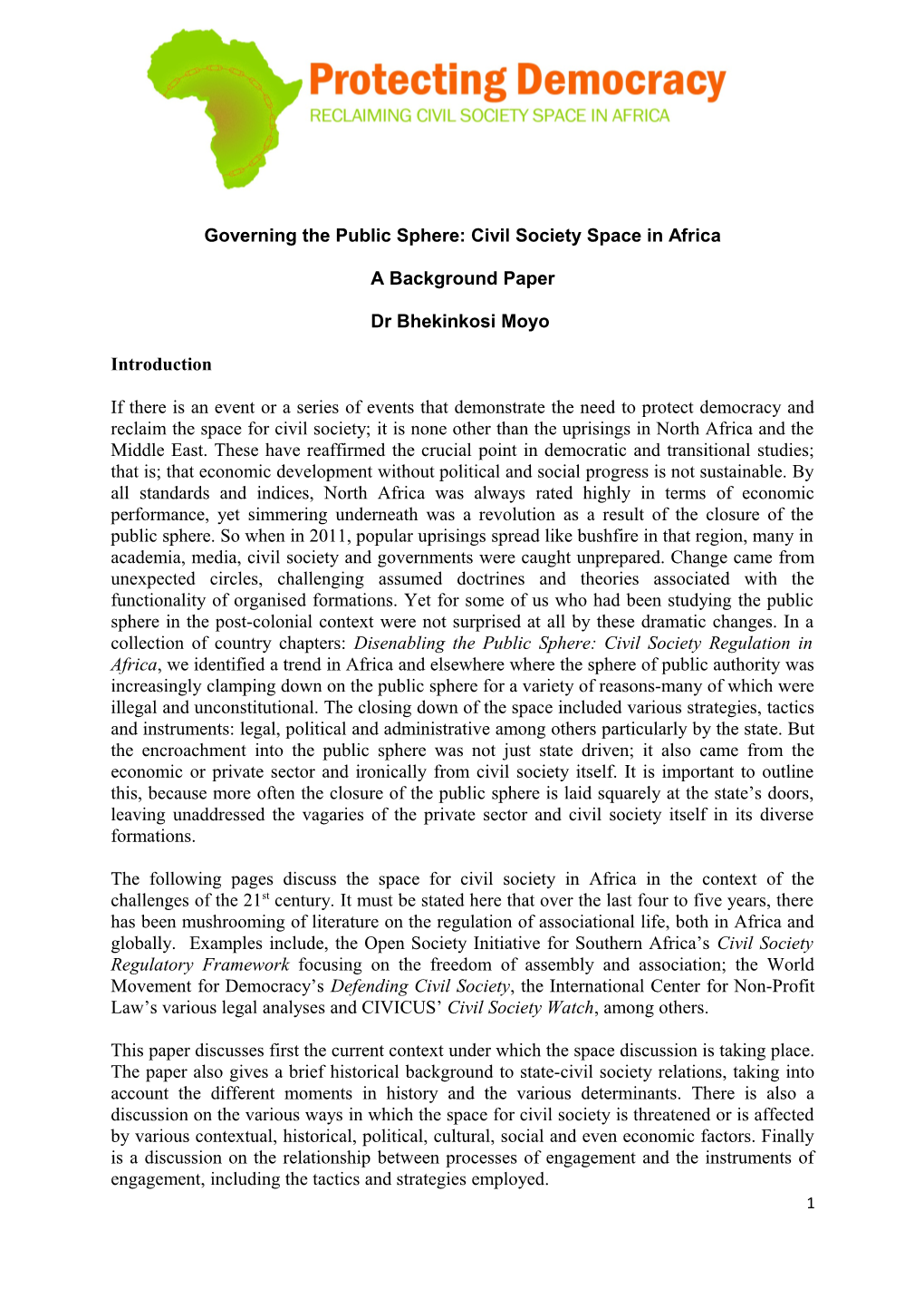 Governing the Public Sphere: Civil Society Space in Africa