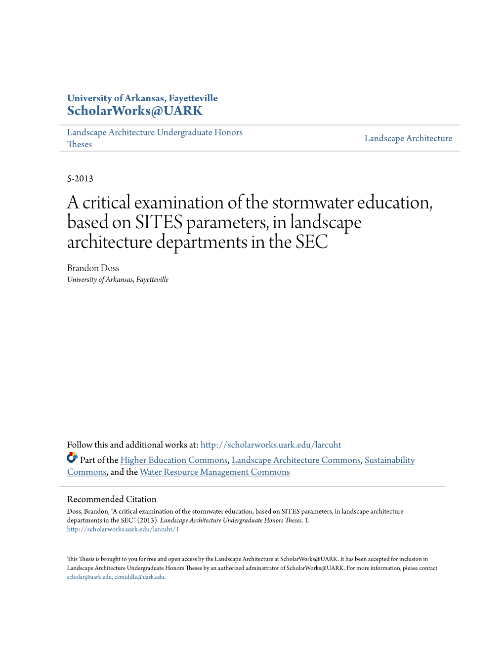 A Critical Examination of the Stormwater Education, Based on SITES Parameters, in Landscape Architecture Departments in The