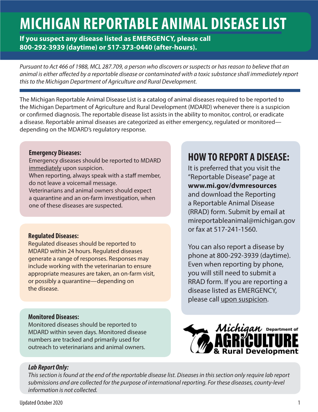 MICHIGAN REPORTABLE ANIMAL DISEASE LIST If You Suspect Any Disease Listed As EMERGENCY, Please Call 800-292-3939 (Daytime) Or 517-373-0440 (After-Hours)