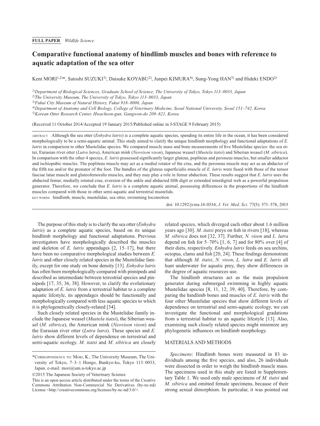 Comparative Functional Anatomy of Hindlimb Muscles and Bones with Reference to Aquatic Adaptation of the Sea Otter