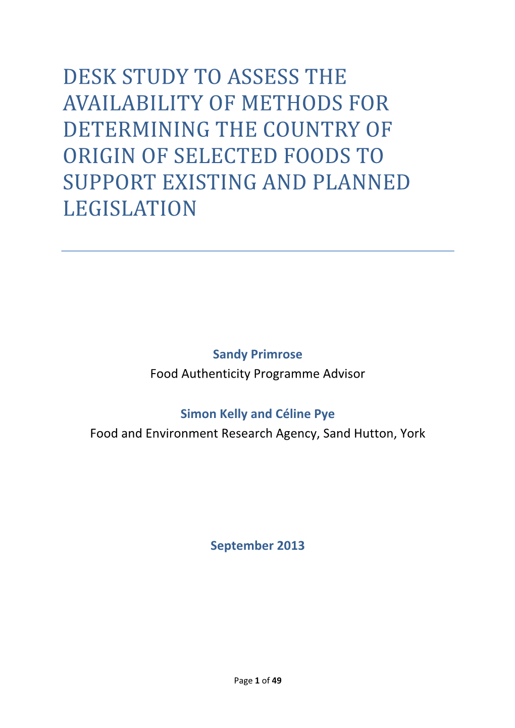 Desk Study to Assess the Availability of Methods for Determining the Country of Origin of Selected Foods to Support Existing and Planned Legislation