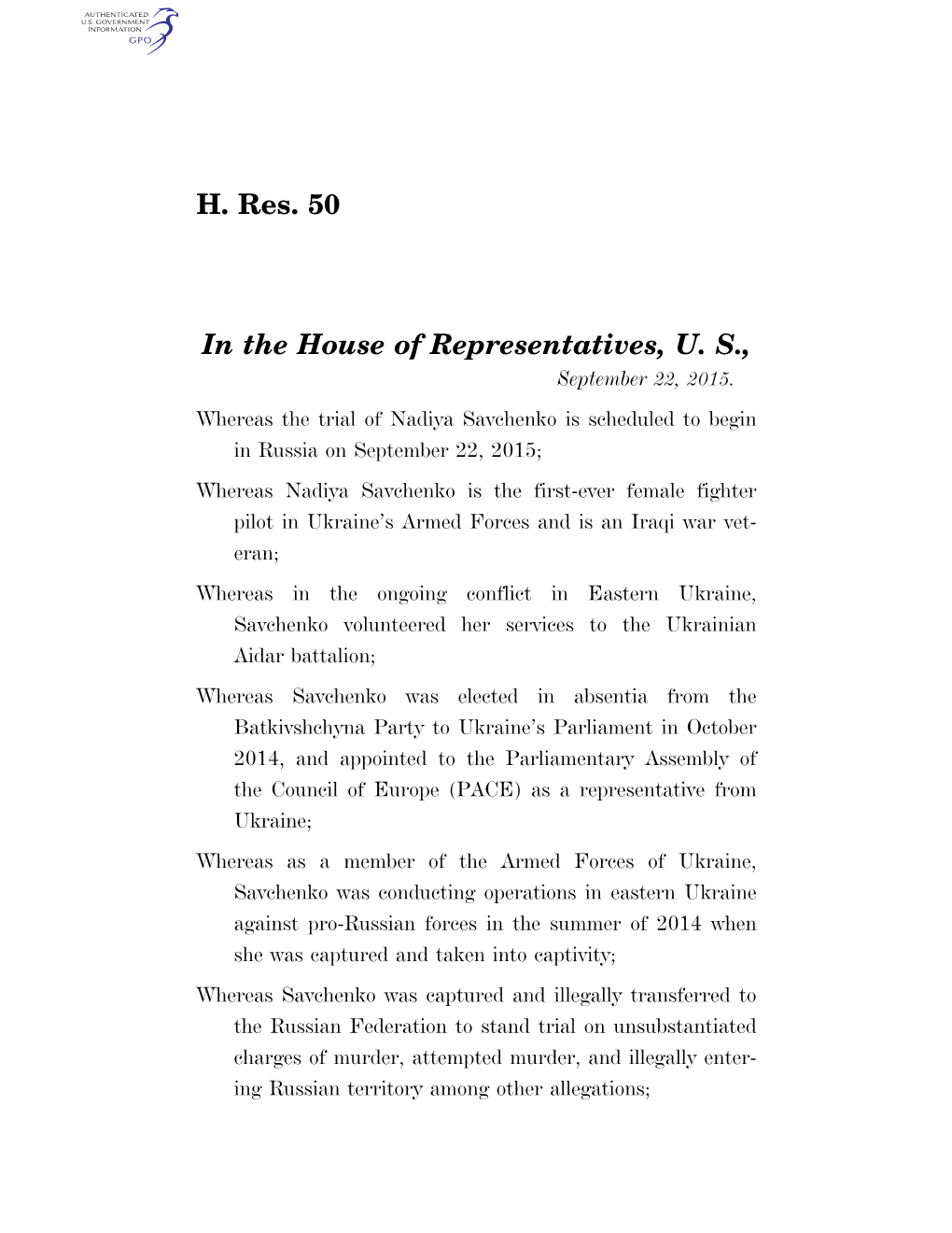 H. Res. 50 in the House of Representatives, U