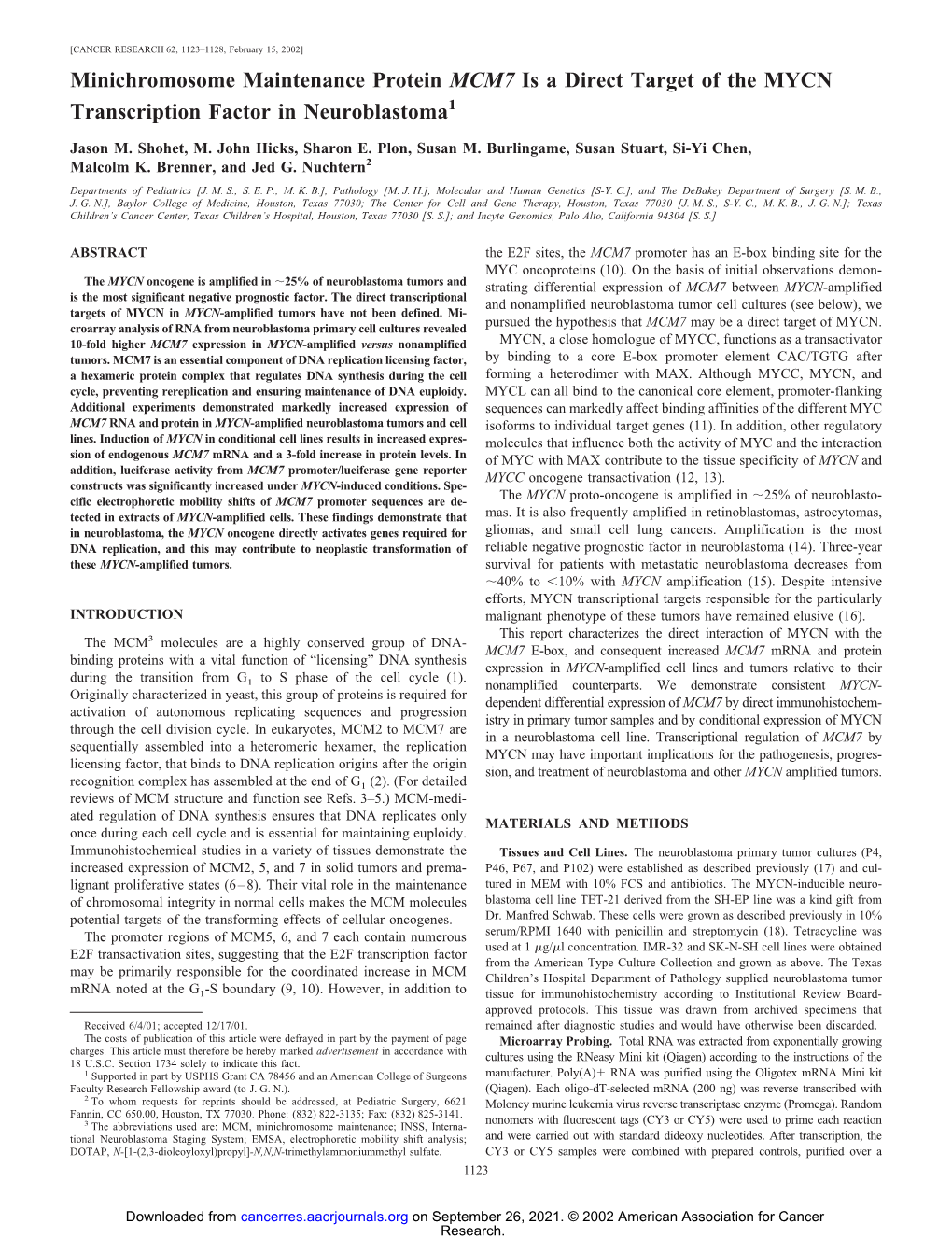 Minichromosome Maintenance Protein MCM7 Is a Direct Target of the MYCN Transcription Factor in Neuroblastoma1