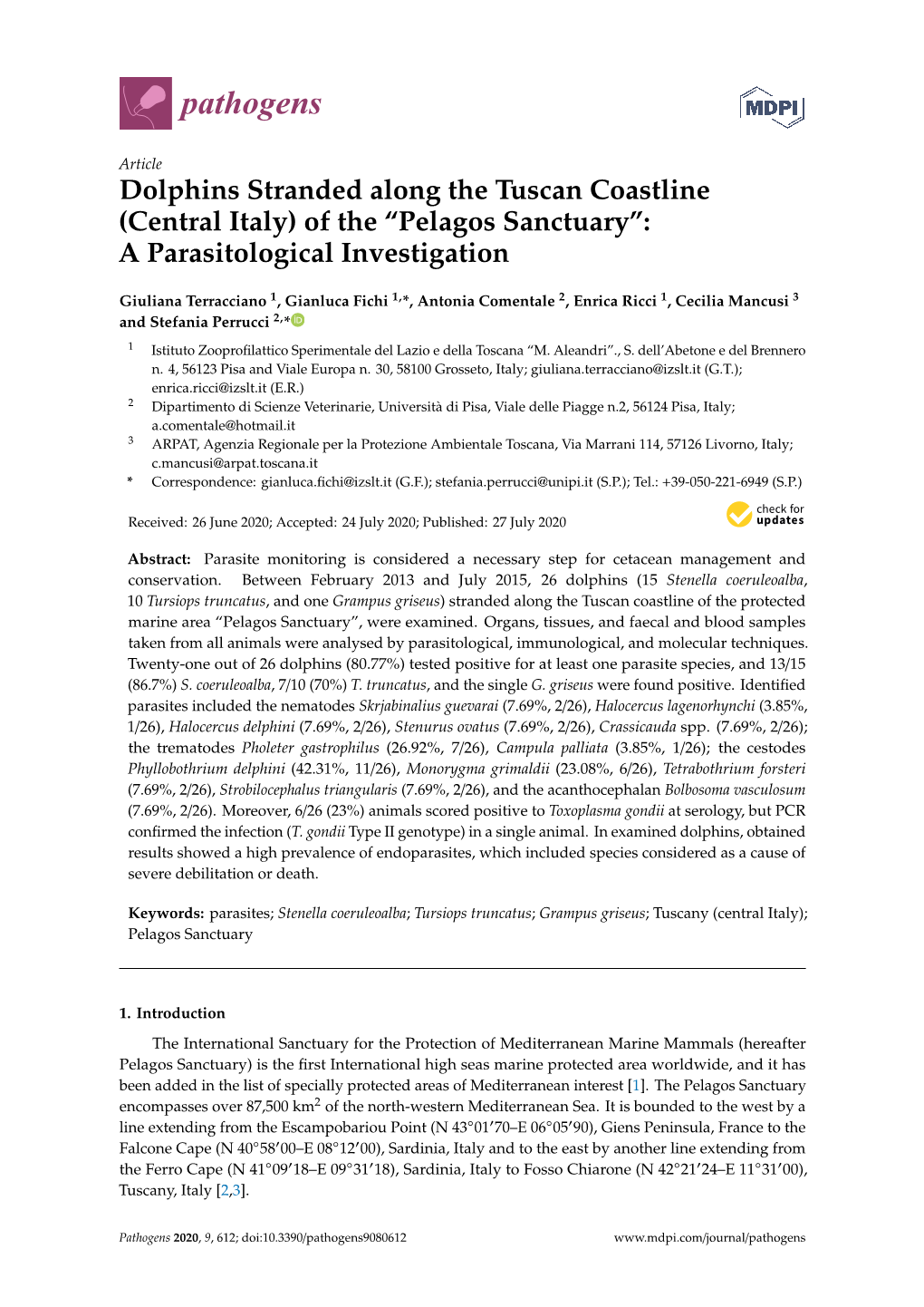 Dolphins Stranded Along the Tuscan Coastline (Central Italy) of the “Pelagos Sanctuary”: a Parasitological Investigation