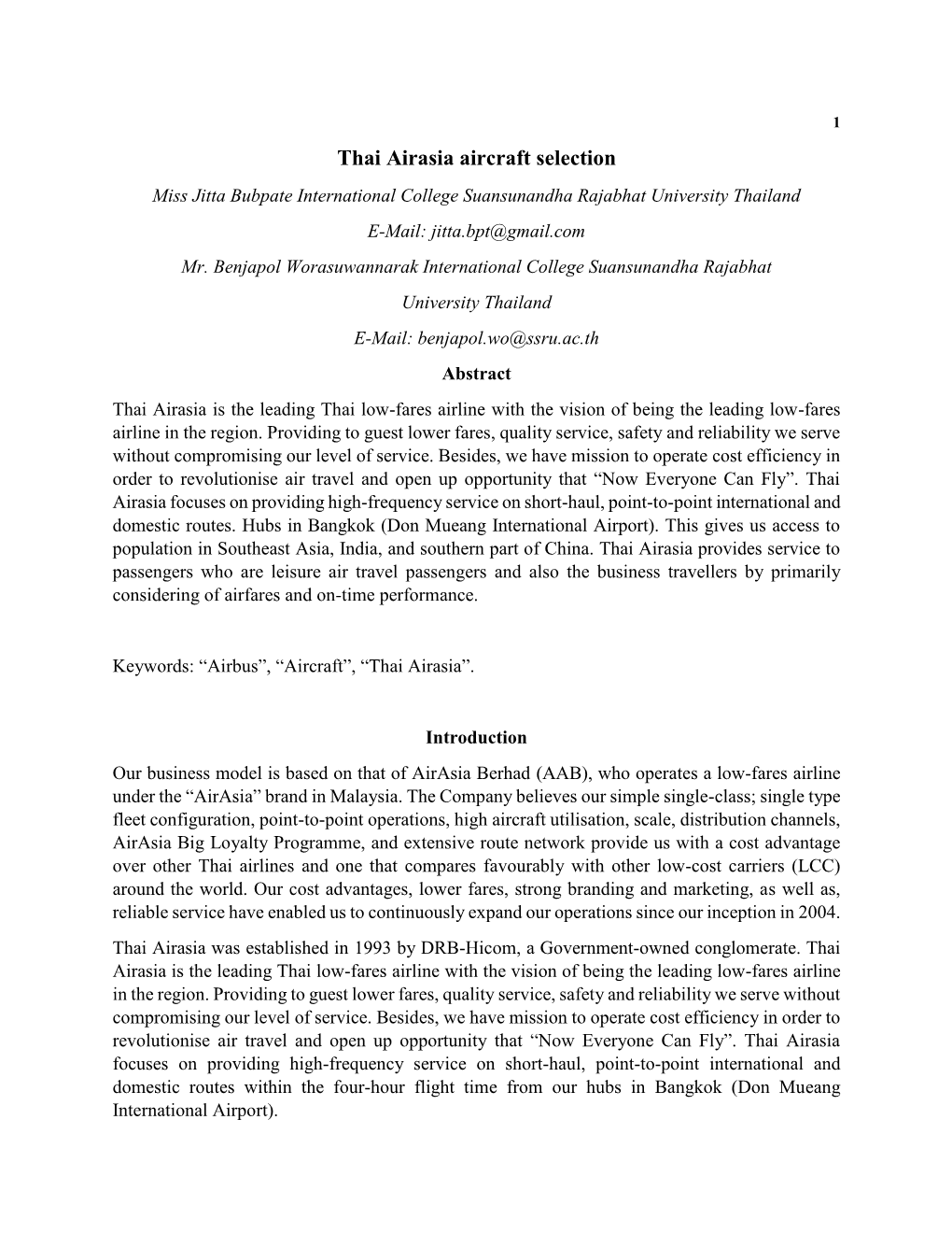 Thai Airasia Aircraft Selection Miss Jitta Bubpate International College Suansunandha Rajabhat University Thailand E-Mail: Jitta.Bpt@Gmail.Com Mr