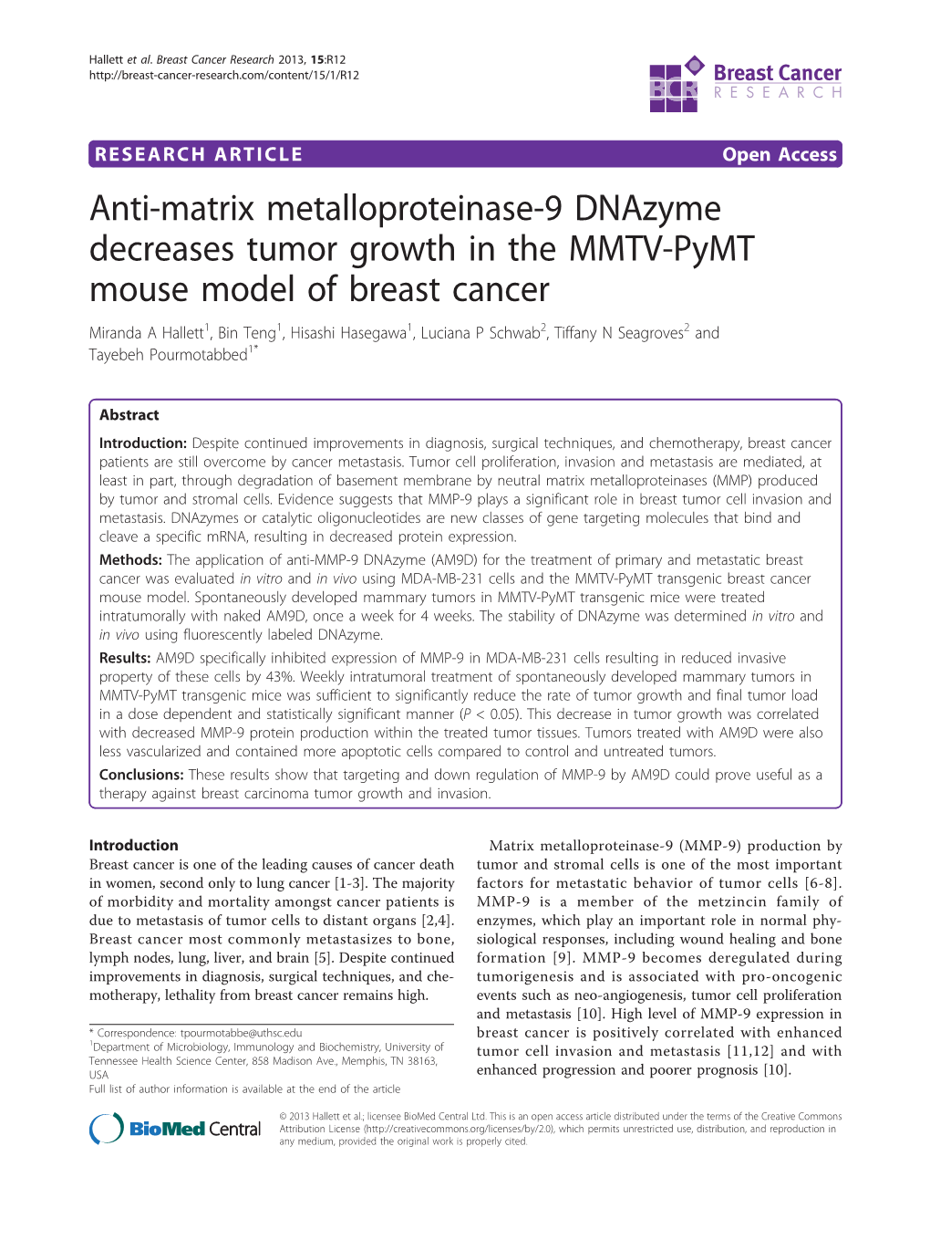Anti-Matrix Metalloproteinase-9 Dnazyme Decreases Tumor Growth in the MMTV-Pymt Mouse Model of Breast Cancer