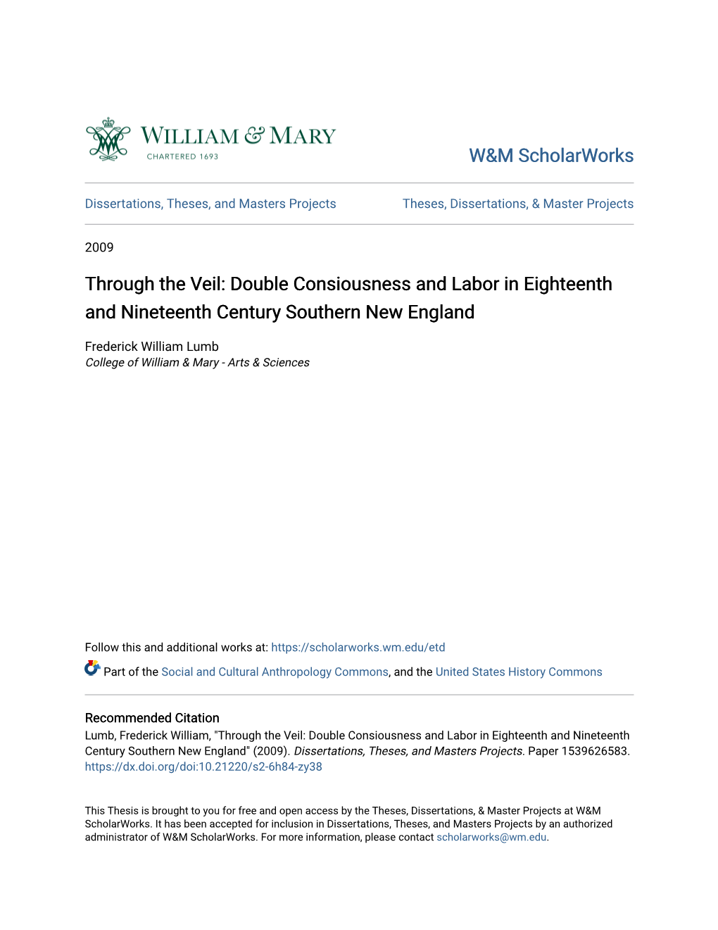 Through the Veil: Double Consiousness and Labor in Eighteenth and Nineteenth Century Southern New England