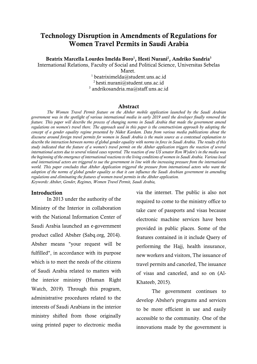 Technology Disruption in Amendments of Regulations for Women Travel Permits in Saudi Arabia