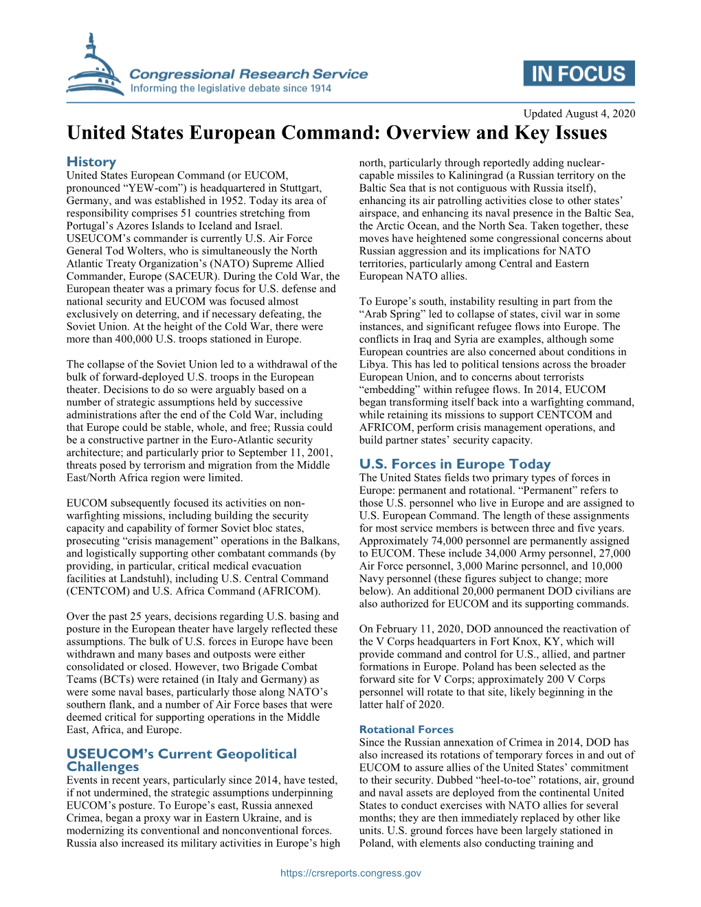 United States European Command: Overview and Key Issues