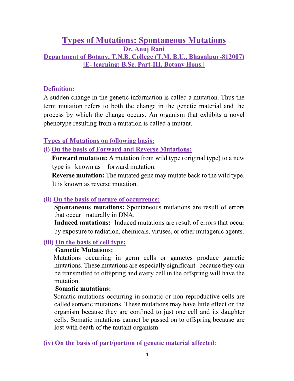 Types of Mutations: Spontaneous Mutations Dr