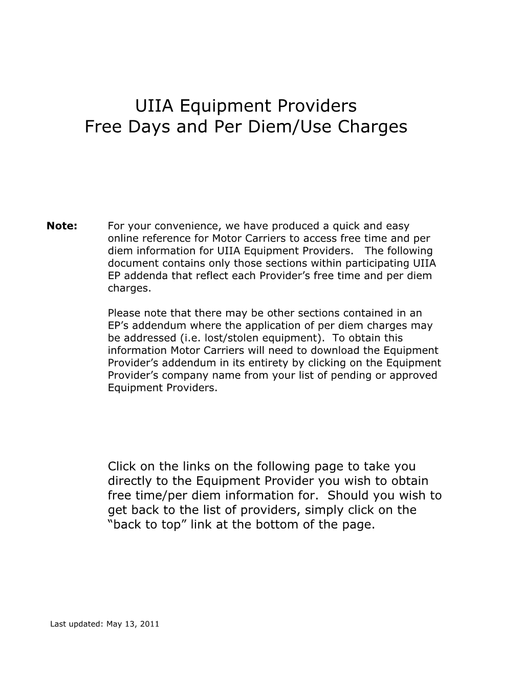 UIIA Equipment Providers Free Days and Per Diem/Use Charges