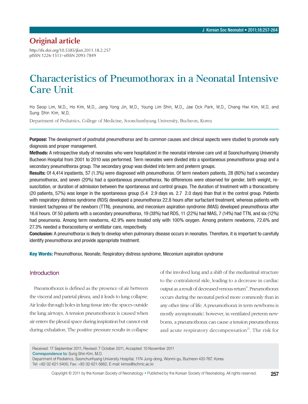 Characteristics of Pneumothorax in a Neonatal Intensive Care Unit