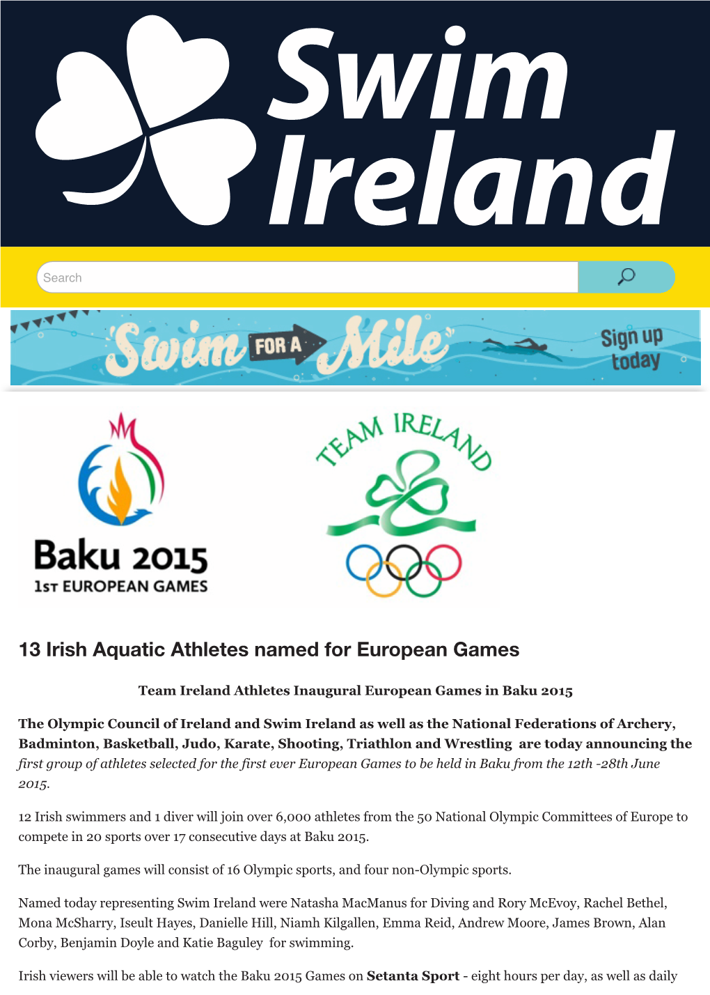 13 Irish Aquatic Athletes Named for European Games