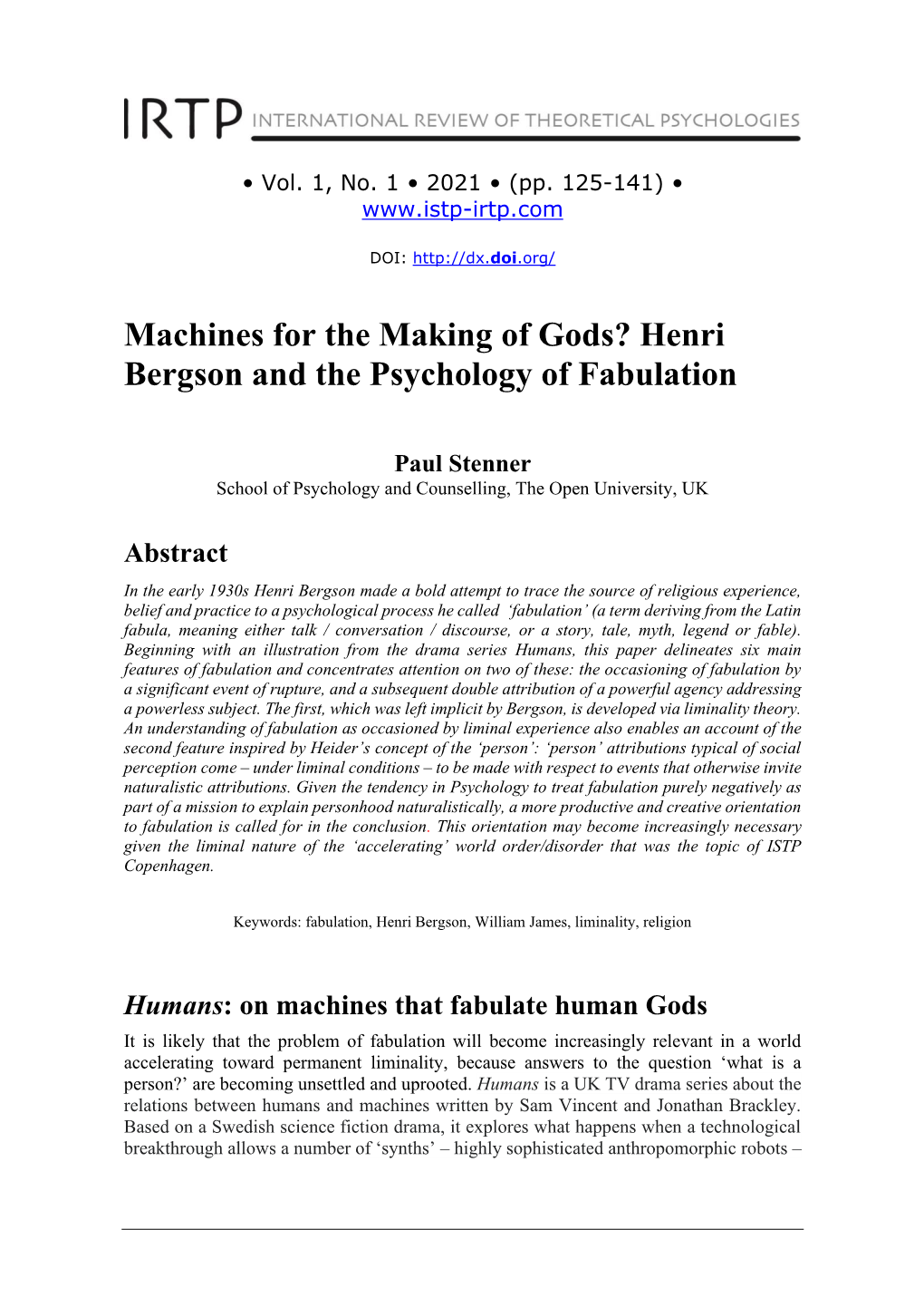 Machines for the Making of Gods? Henri Bergson and the Psychology of Fabulation