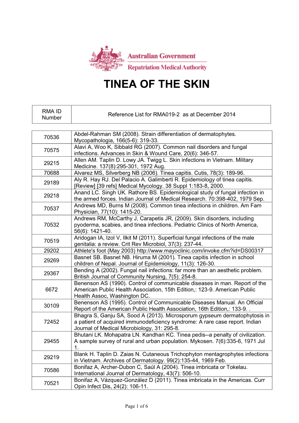 Reference List Concerning Tinea of the Skin