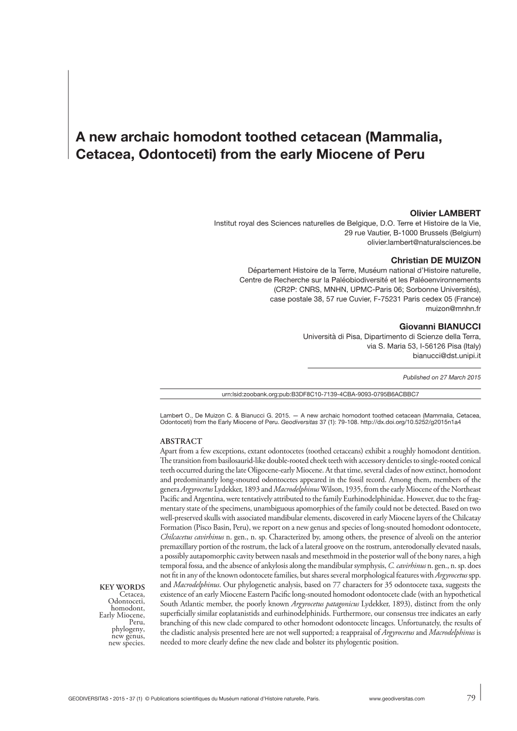 Mammalia, Cetacea, Odontoceti) from the Early Miocene of Peru