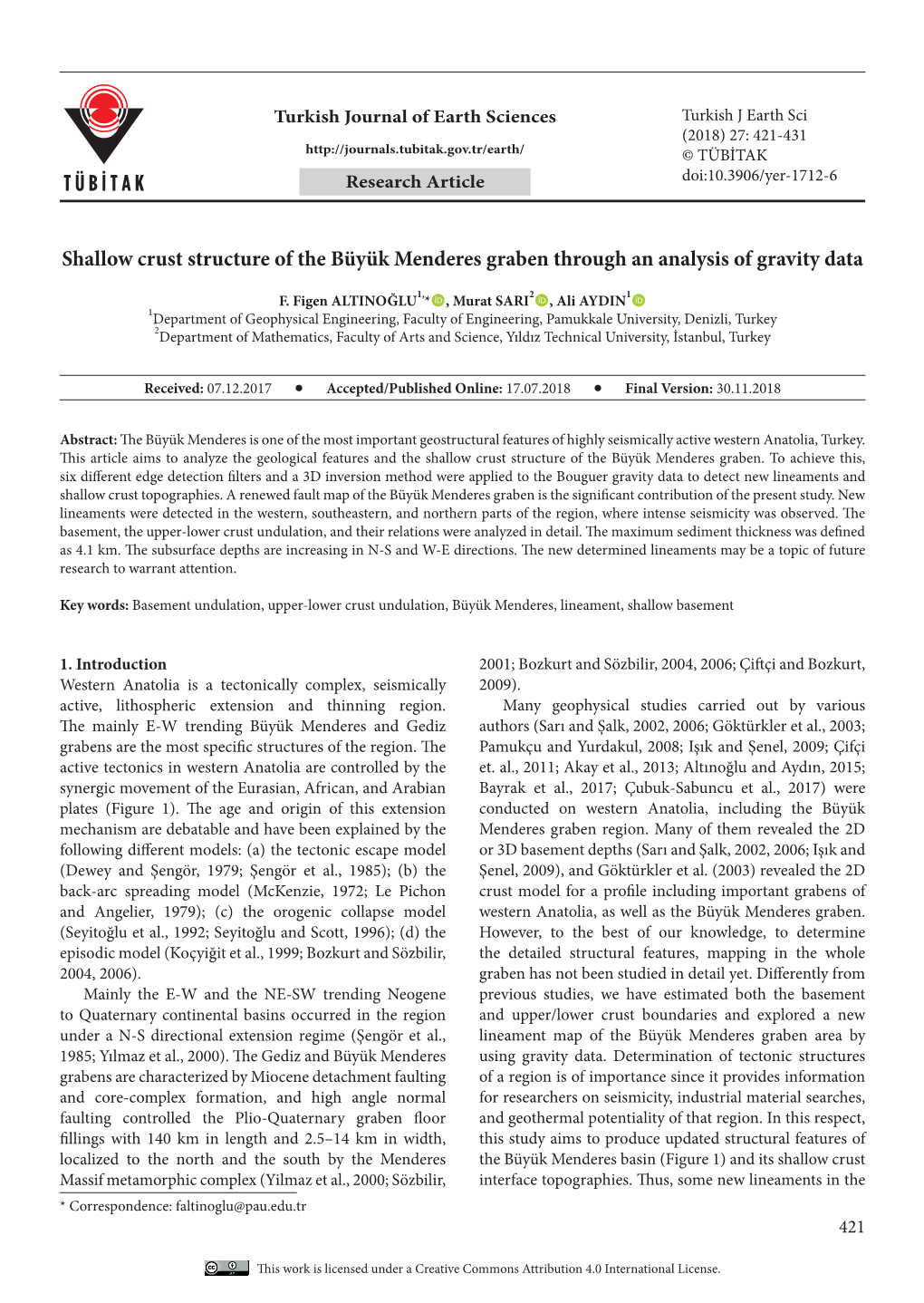 Shallow Crust Structure of the Büyük Menderes Graben Through an Analysis of Gravity Data