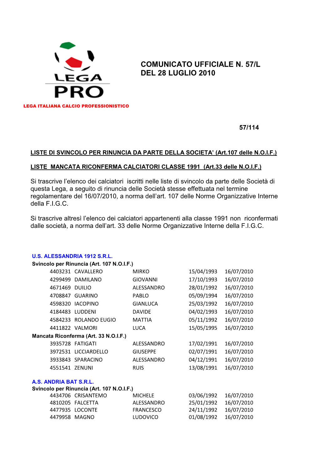 Comunicato Ufficiale N. 57/L Del 28 Luglio 2010