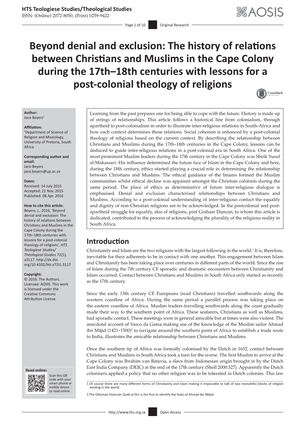 The History of Relations Between Christians and Muslims in the Cape Colony During the 17Th–18Th Centuries with Lessons for a Post-Colonial Theology of Religions