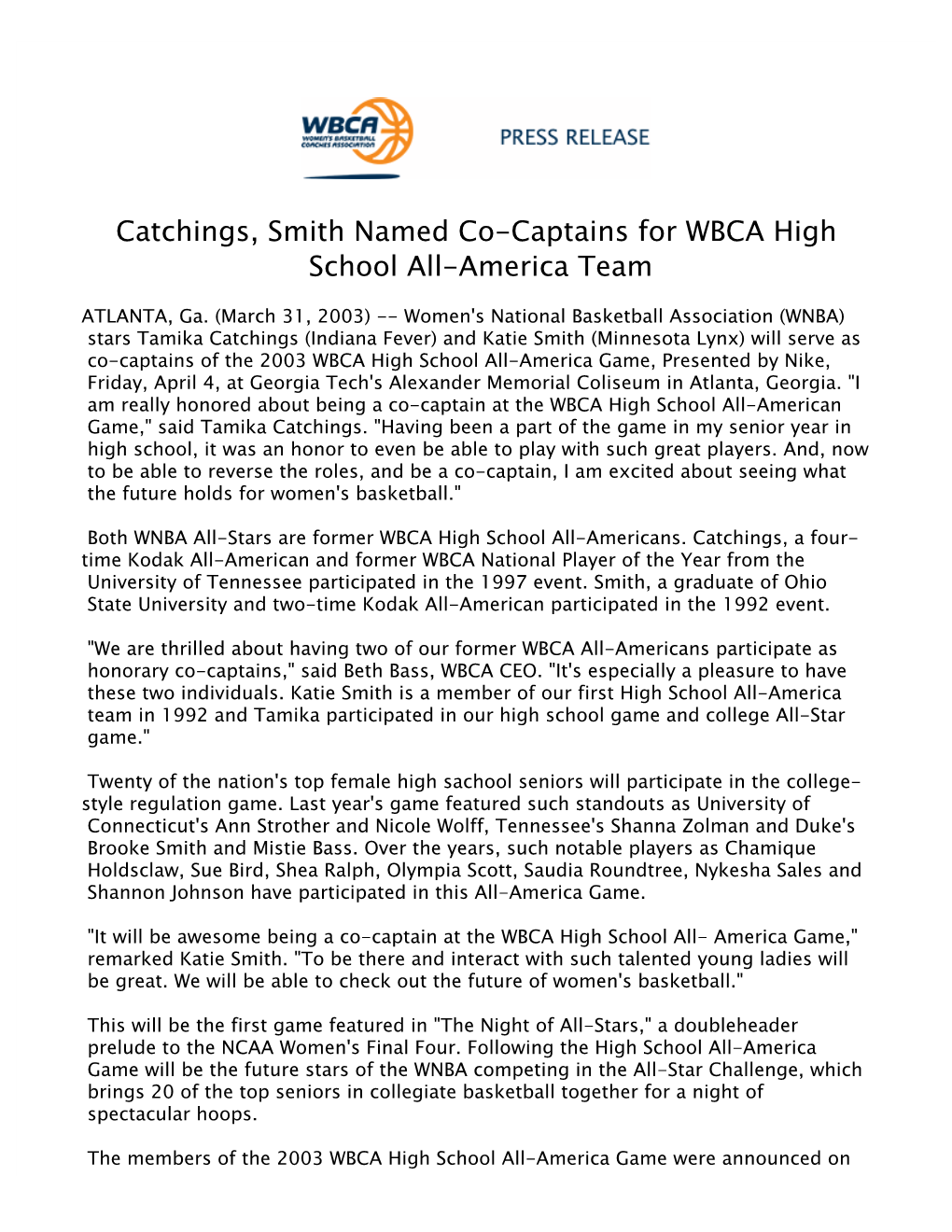 Catchings, Smith Named Co-Captains for WBCA High School All-America Team