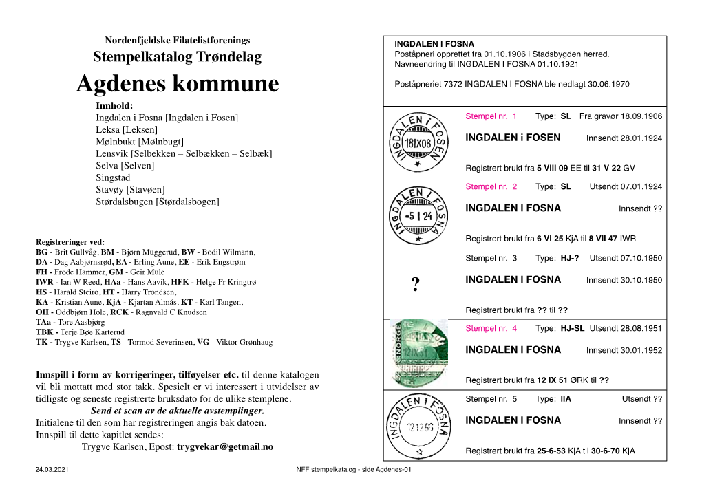 Agdenes Kommune Poståpneriet 7372 INGDALEN I FOSNA Ble Nedlagt 30.06.1970 Innhold: Ingdalen I Fosna [Ingdalen I Fosen] Stempel Nr