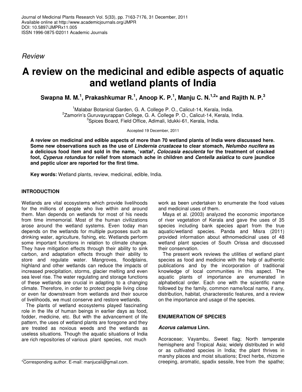 A Review on the Medicinal and Edible Aspects of Aquatic and Wetland Plants of India