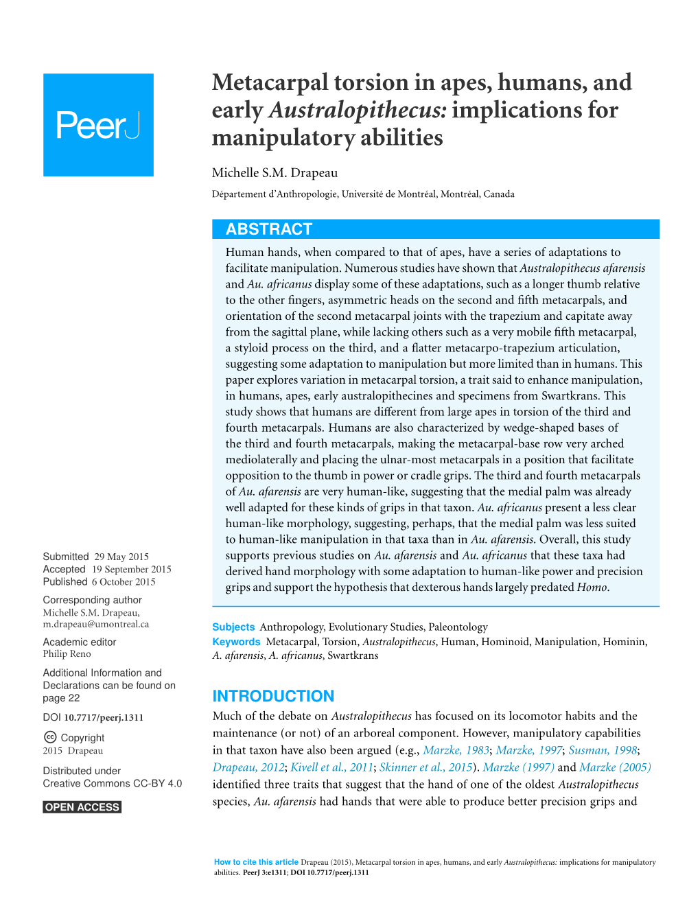 Metacarpal Torsion in Apes, Humans, and Early Australopithecus: Implications for Manipulatory Abilities