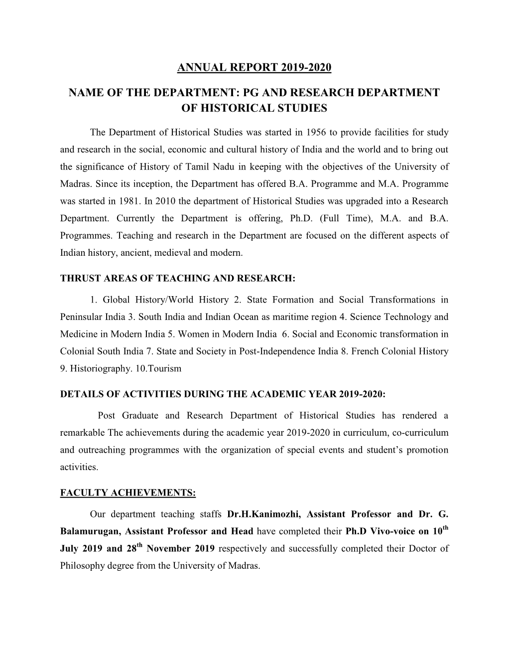 Annual Report 2019-2020 Name of the Department: Pg and Research