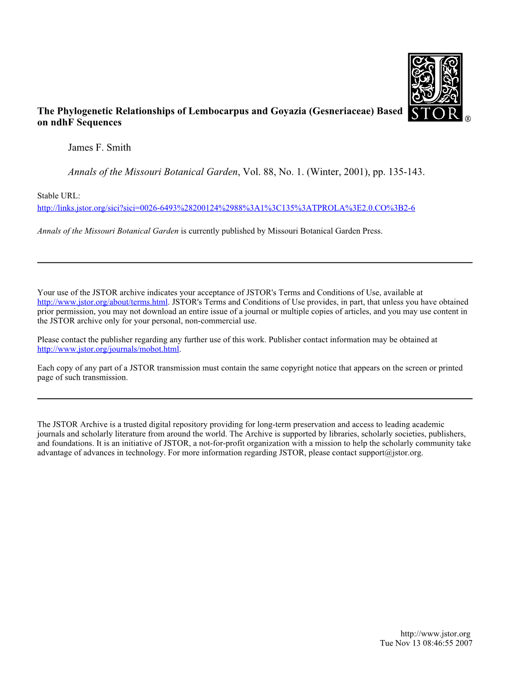 The Phylogenetic Relationships of Lembocarpus and Goyazia (Gesneriaceae) Based on Ndhf Sequences