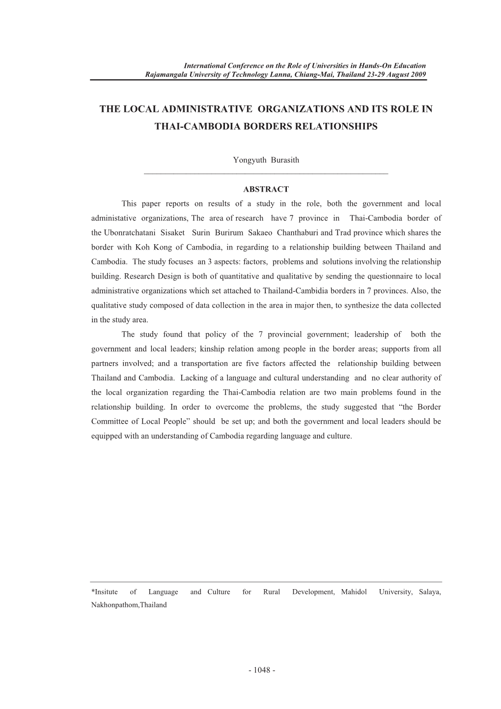 The Local Administrative Organizations and Its Role in Thai-Cambodia Borders Relationships