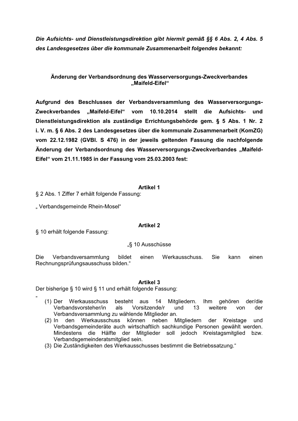 Änderung Der Verbandsordnung Des WVZ Maifeld-Eifel