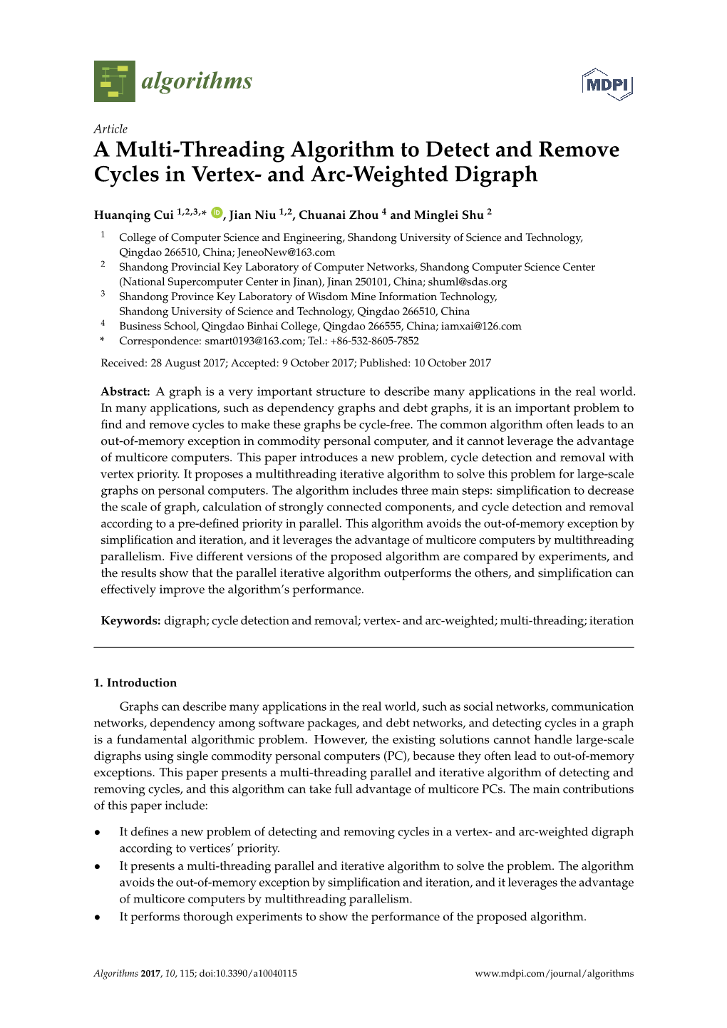 A Multi-Threading Algorithm to Detect and Remove Cycles in Vertex- and Arc-Weighted Digraph