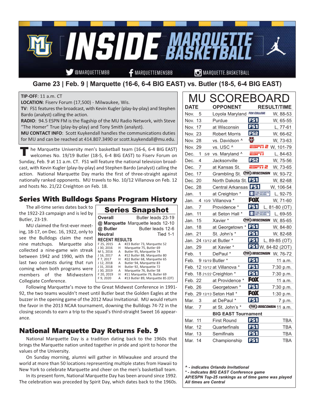 Marquette Game Notes Page 2 INJURY REPORT LAST GAME STARTERS Player (Injury) Status NAME POS