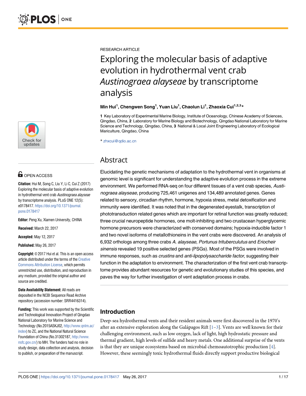 Exploring the Molecular Basis of Adaptive Evolution in Hydrothermal Vent Crab Austinograea Alayseae by Transcriptome Analysis