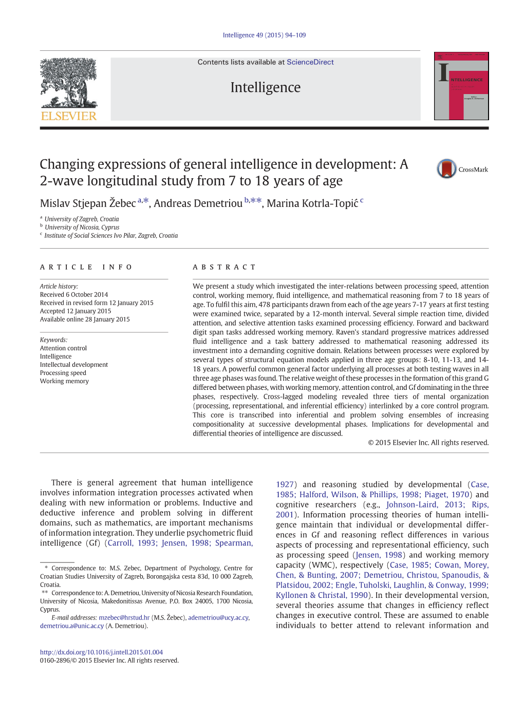 Changing Expressions of General Intelligence in Development: a 2-Wave Longitudinal Study from 7 to 18 Years of Age