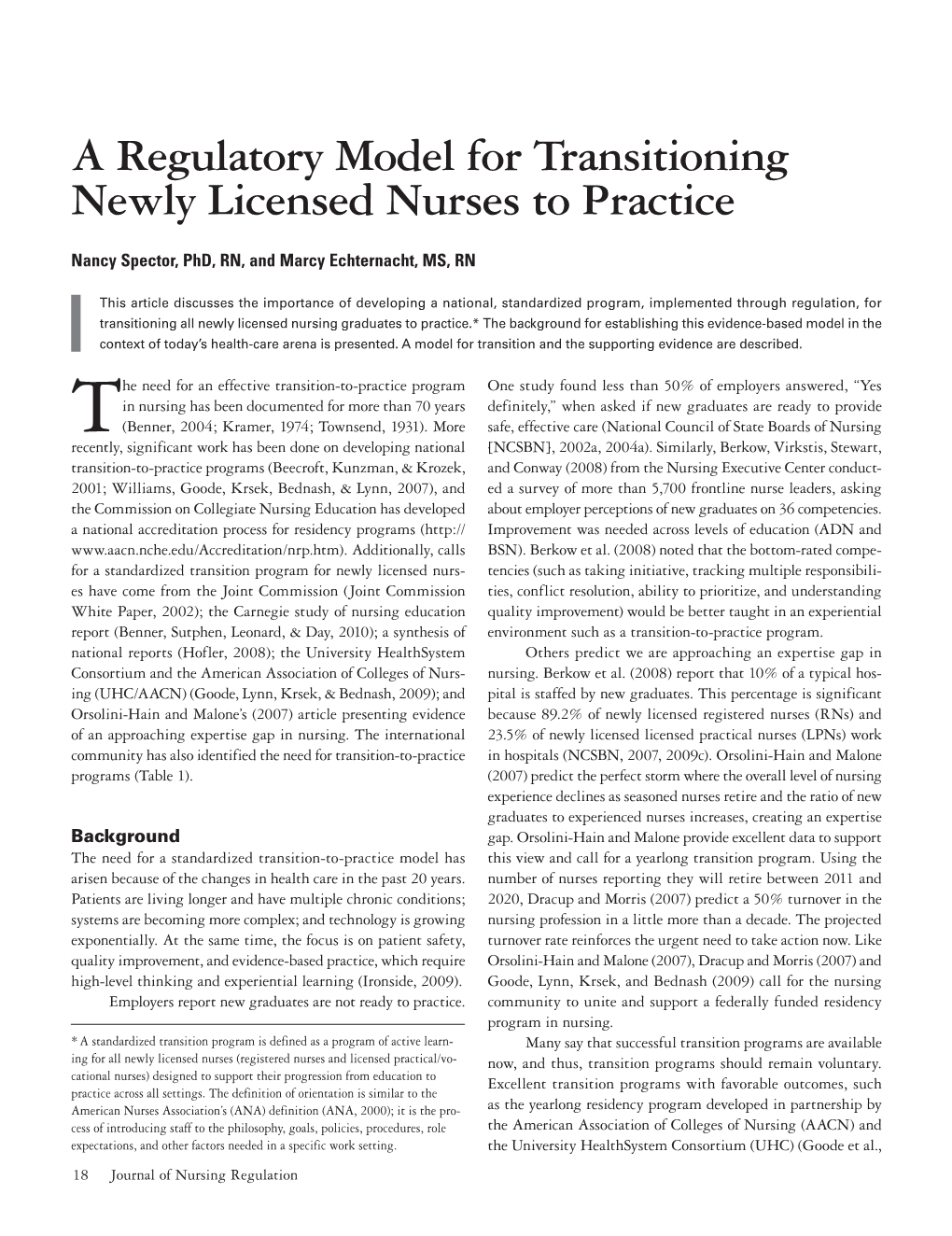A Regulatory Model for Transitioning Newly Licensed Nurses to Practice