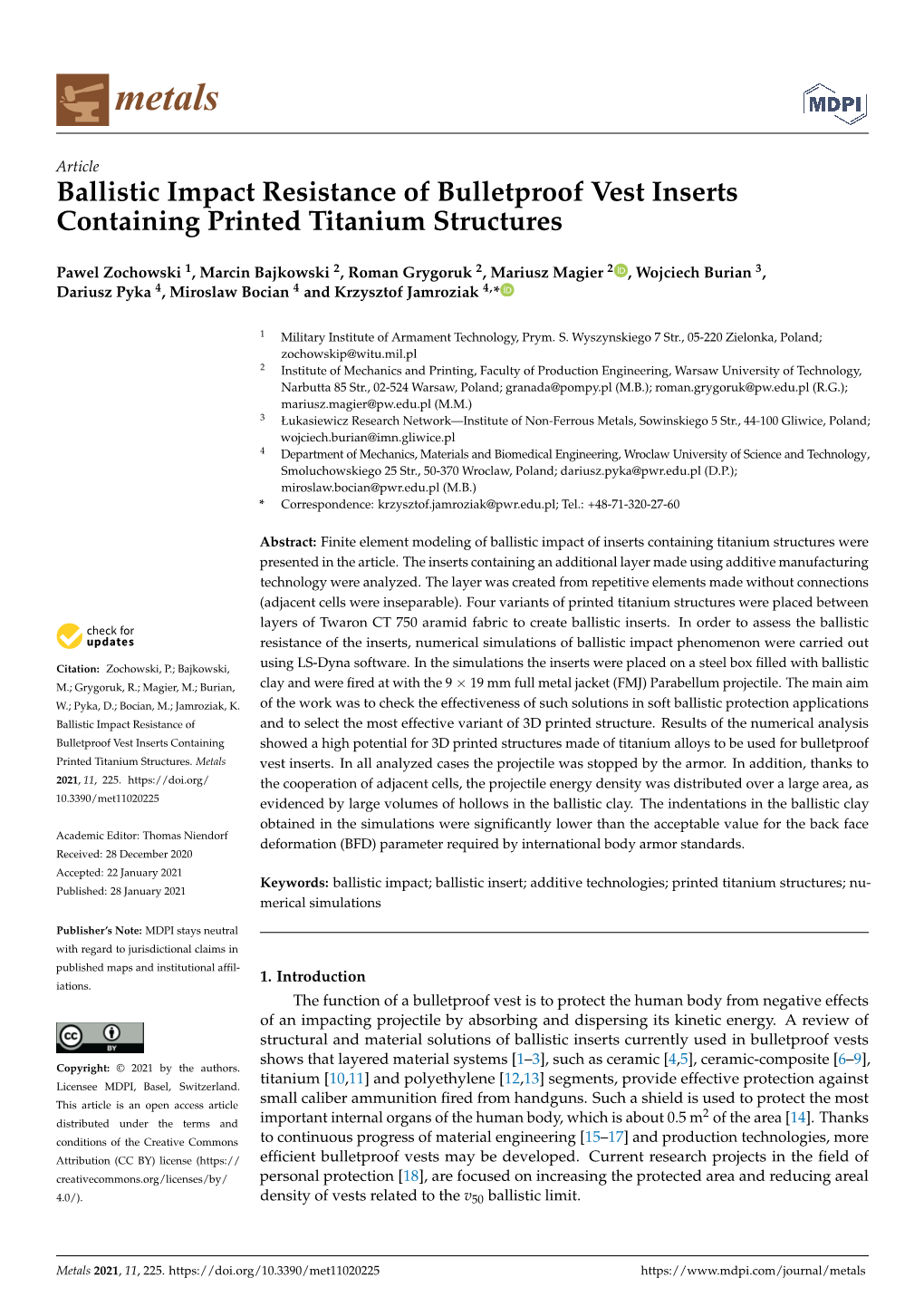 Ballistic Impact Resistance of Bulletproof Vest Inserts Containing Printed Titanium Structures