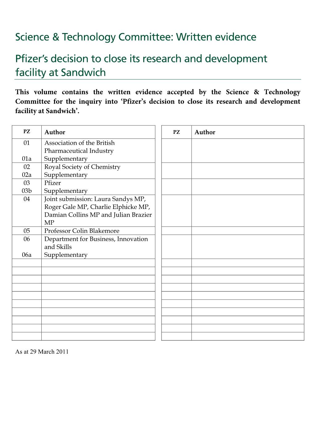 Written Evidence Pfizer's Decision to Close Its Research and Development Facility at Sandw