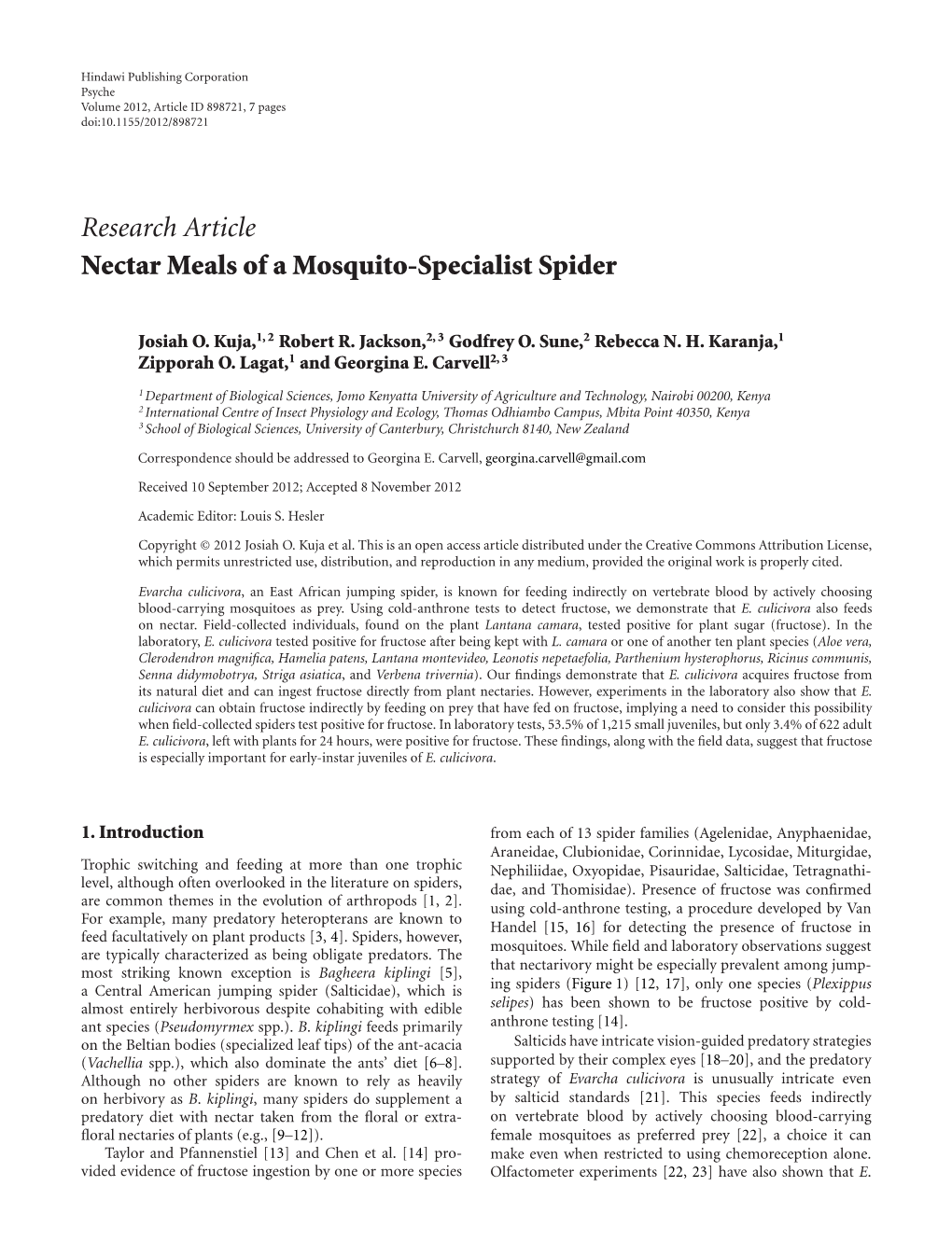 Nectar Meals of a Mosquito-Specialist Spider