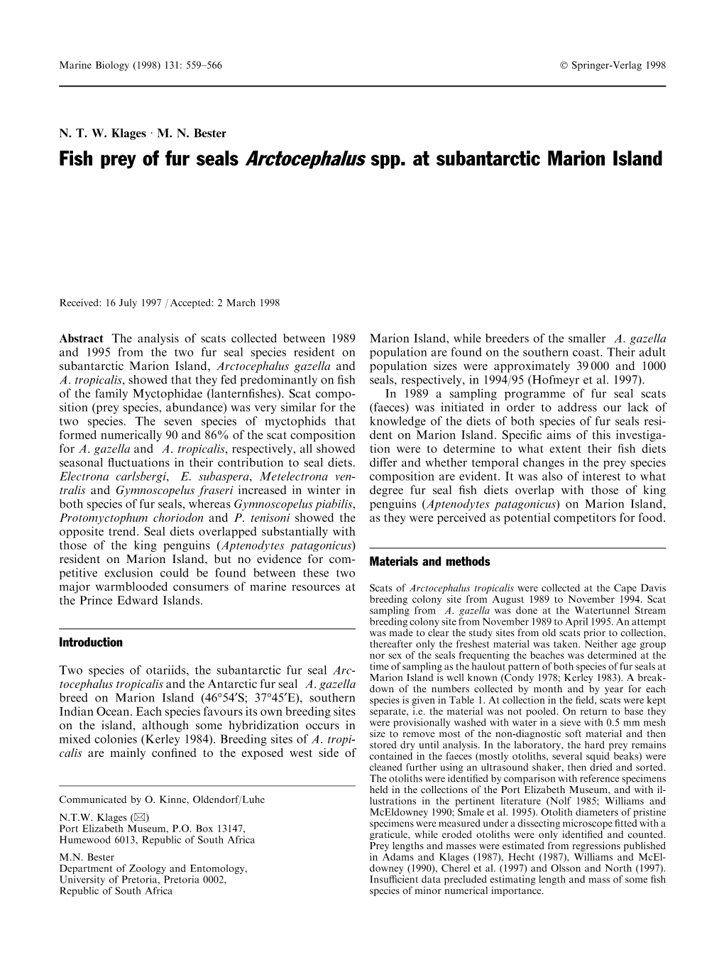 Fish Prey of Fur Seals Arctocephalus Spp. at Subantarctic Marion Island