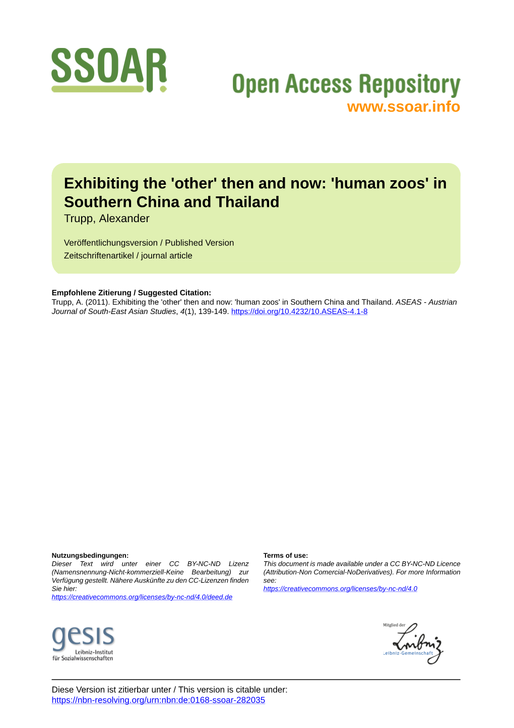 Exhibiting the 'Other' Then and Now: 'Human Zoos' in Southern China and Thailand Trupp, Alexander