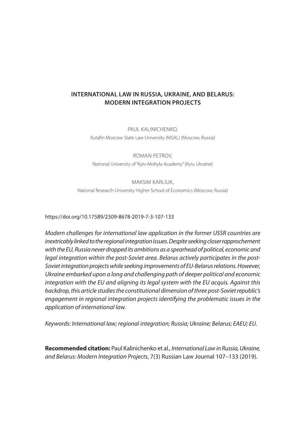 International Law in Russia, Ukraine, and Belarus: Modern Integration Projects