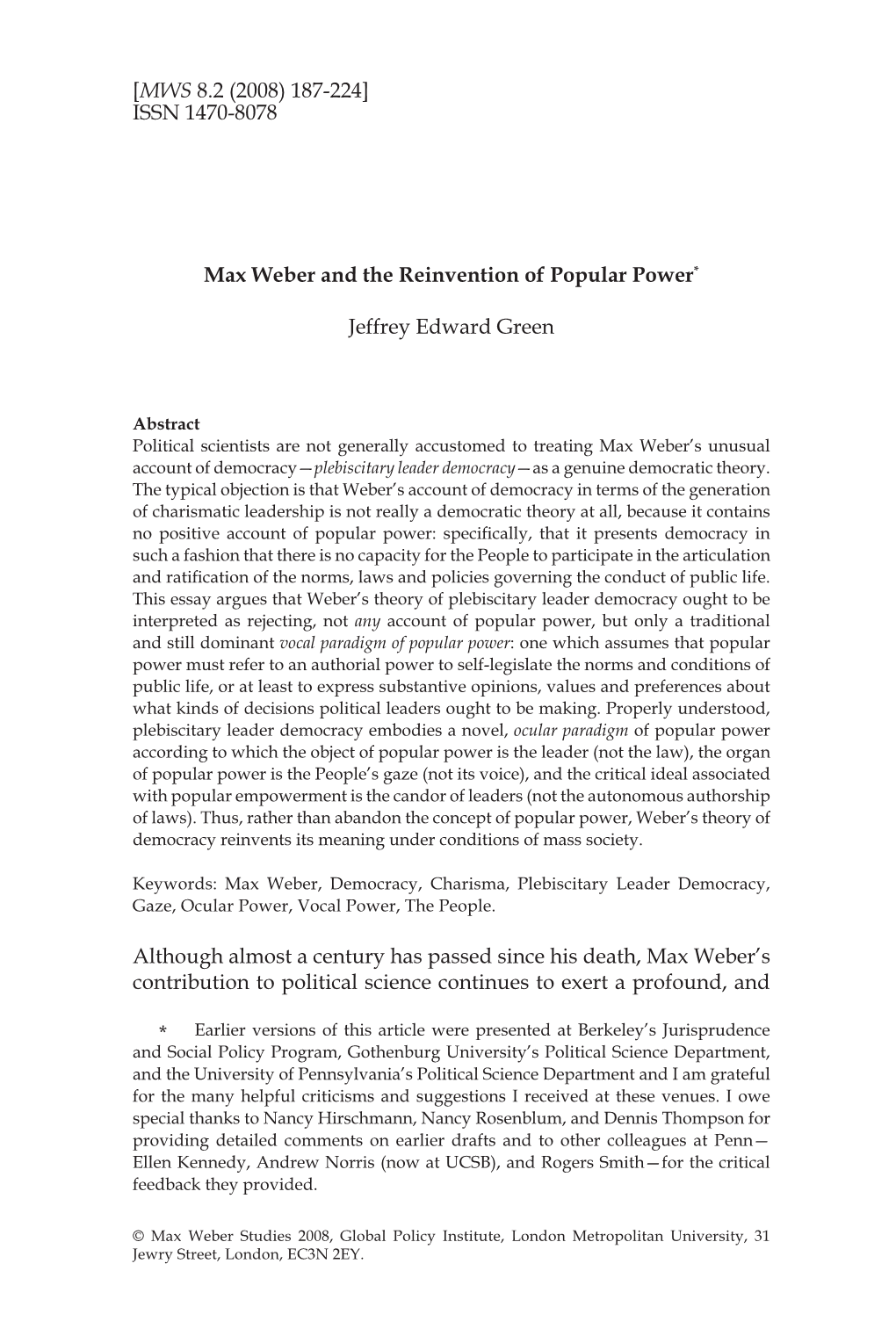 ISSN 1470-8078 Max Weber and the Reinvention of Popular Power