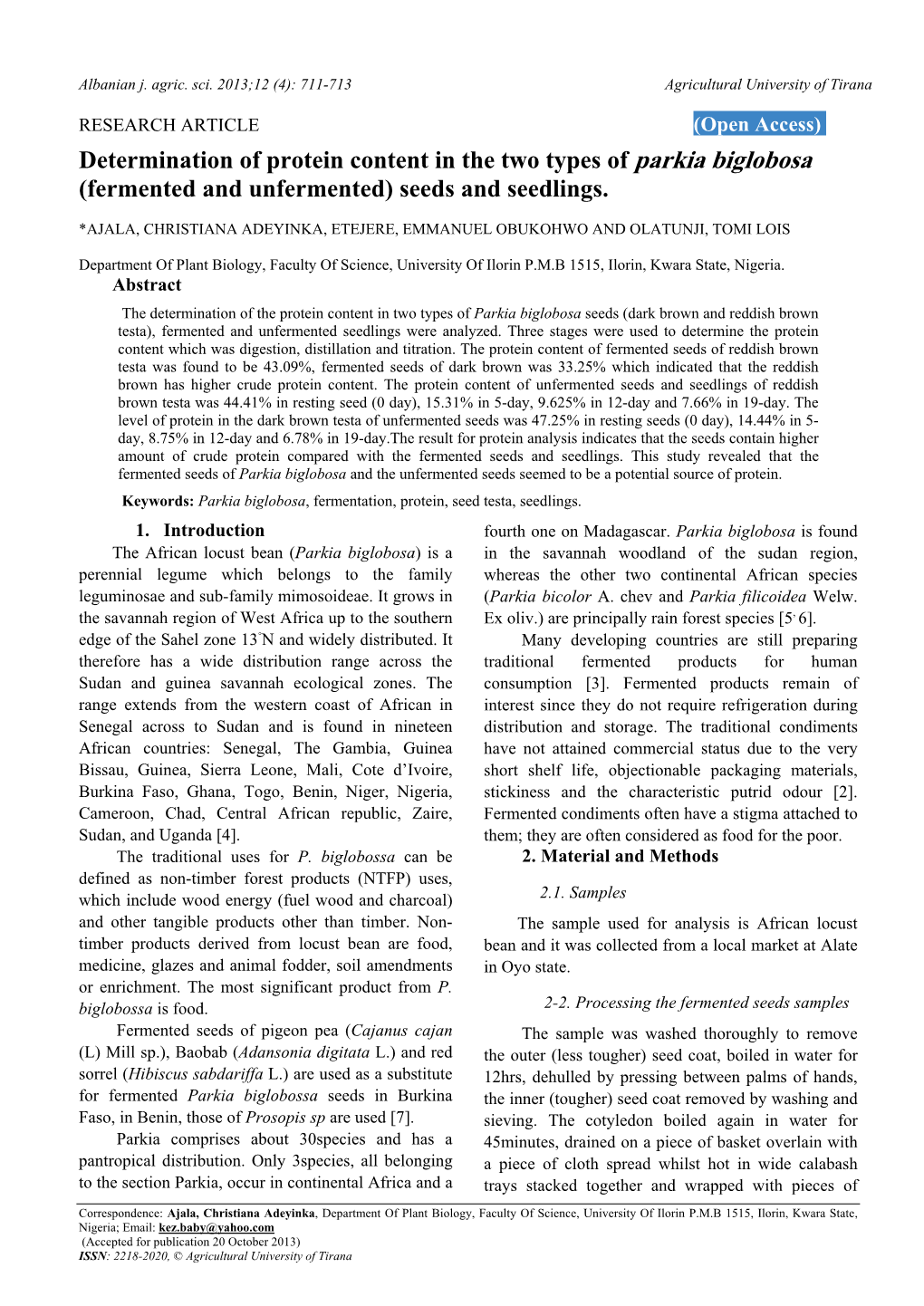 Determination of Protein Content in the Two Types of Parkia Biglobosa (Fermented and Unfermented) Seeds and Seedlings