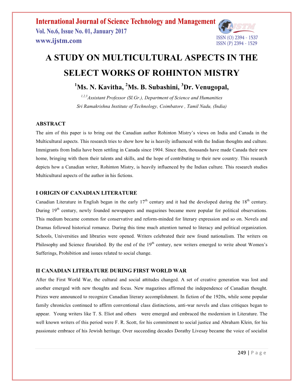 A STUDY on MULTICULTURAL ASPECTS in the SELECT WORKS of ROHINTON MISTRY 1Ms