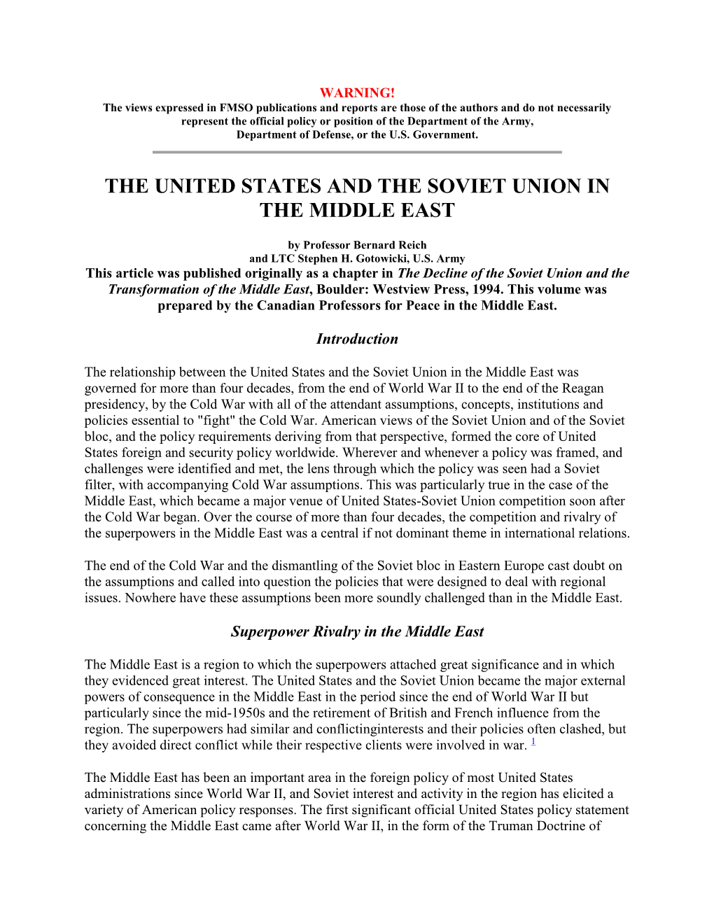 The United States and the Soviet Union in the Middle East