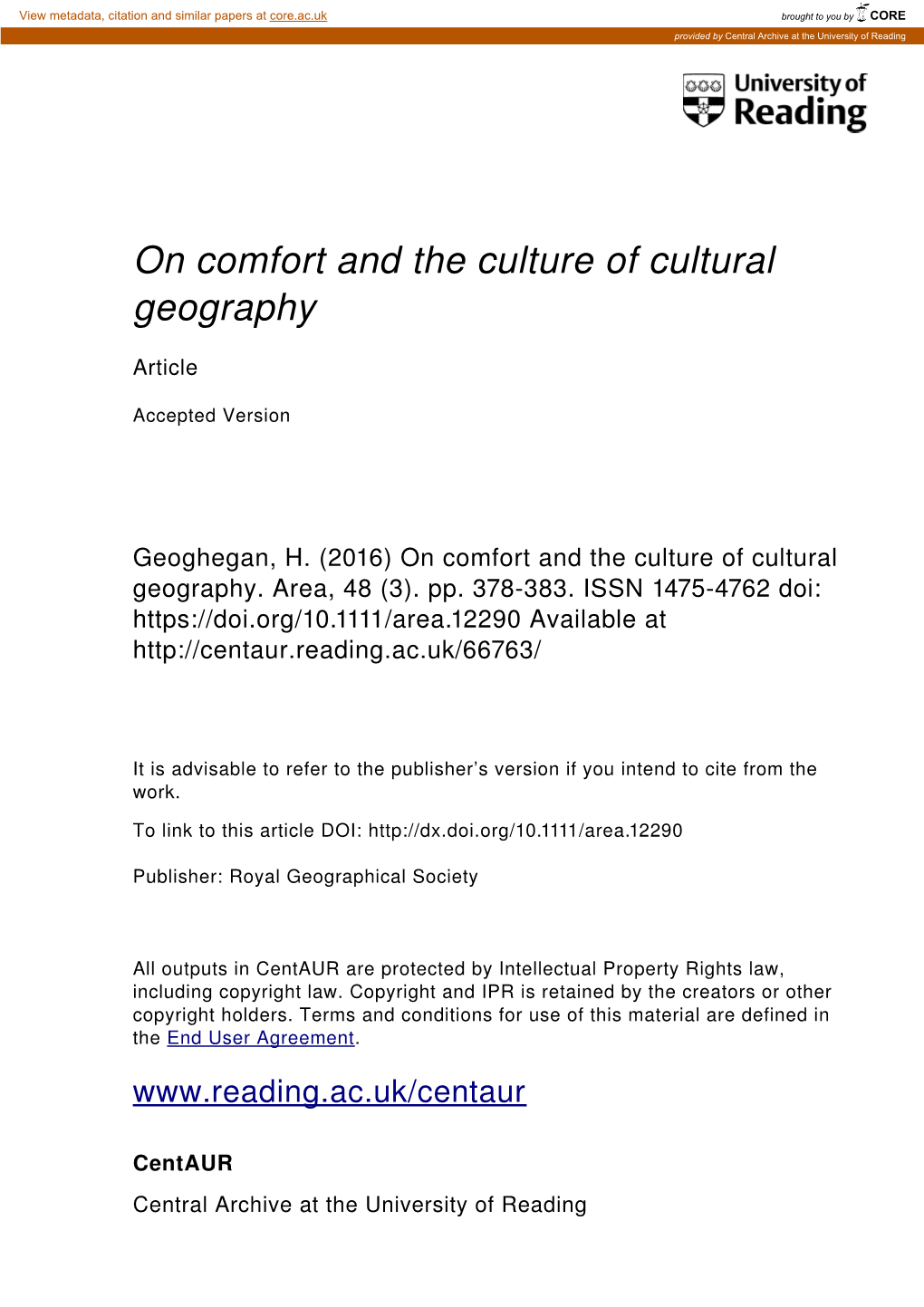 On Comfort and the Culture of Cultural Geography